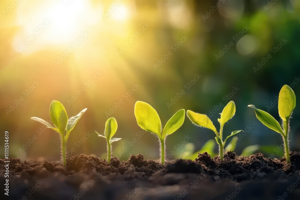 Young plants sprout in rich soil, bathed in sunlight. Illustrates growth, new beginnings, and environmental themes. Young plants sprout in rich soil, bathed in sunlight. Illustrates growth, new beginnings, and environmental themes.