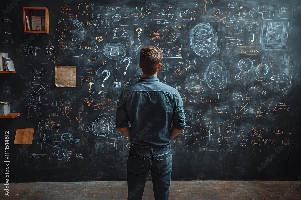 A man stands in front of a blackboard with question marks and scribbles, trying to figure out the details of his business plan A man stands in front of a blackboard with question marks and scribbles, trying to figure out the details of his business plan