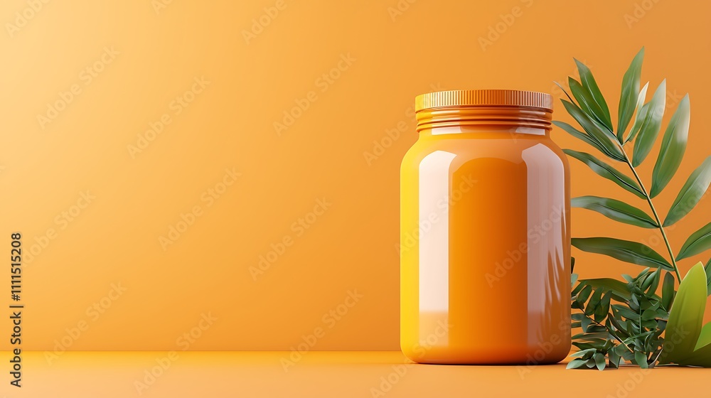 Amber Supplement Jar Mockup with Tropical Leaves Amber Supplement Jar Mockup with Tropical Leaves