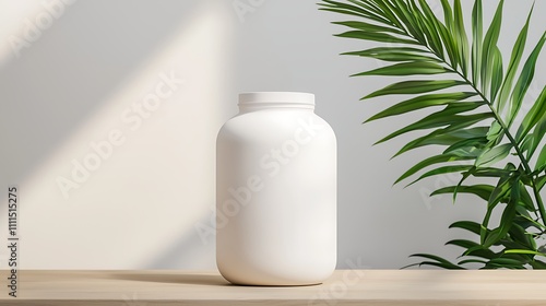 Blank White Supplement Jar Mockup Wooden Table Tropical Plant