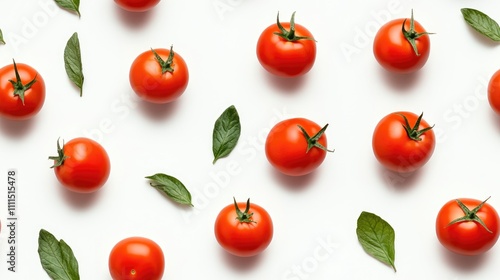 Red tomatoes and basil leaves pattern. (1)