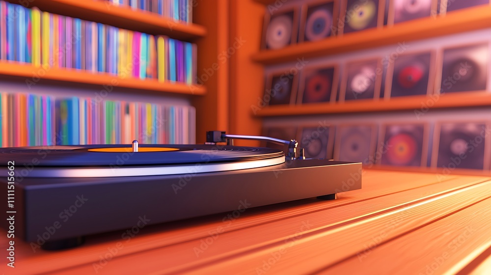 Vinyl Record Player on Wooden Table with Bookshelves and Records Vinyl Record Player on Wooden Table with Bookshelves and Records