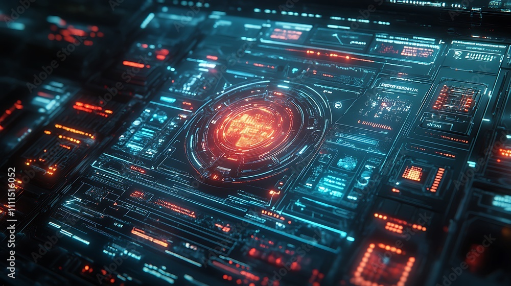 A minimal HUD with sleek geometric outlines, vibrant neon circuit trails, and dynamic holographic overlays, creating a simple yet futuristic sci-fi aesthetic, hd quality. --ar 16:9 A minimal HUD with sleek geometric outlines, vibrant neon circuit trails, and dynamic holographic overlays, creating a simple yet futuristic sci-fi aesthetic, hd quality. --ar 16:9