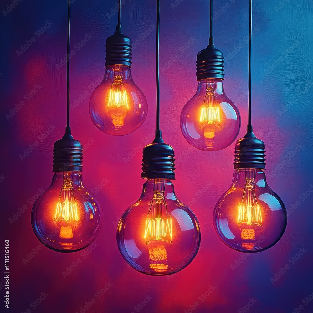 Hanging Light Bulbs on Purple Background with Soft Lighting Hanging Light Bulbs on Purple Background with Soft Lighting