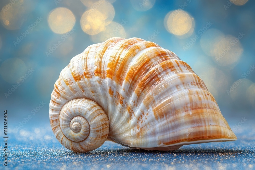 Intricate spiral seashell on blue glitter. Perfect for summer, beach, or nature themes; evokes tranquility. Intricate spiral seashell on blue glitter. Perfect for summer, beach, or nature themes; evokes tranquility.