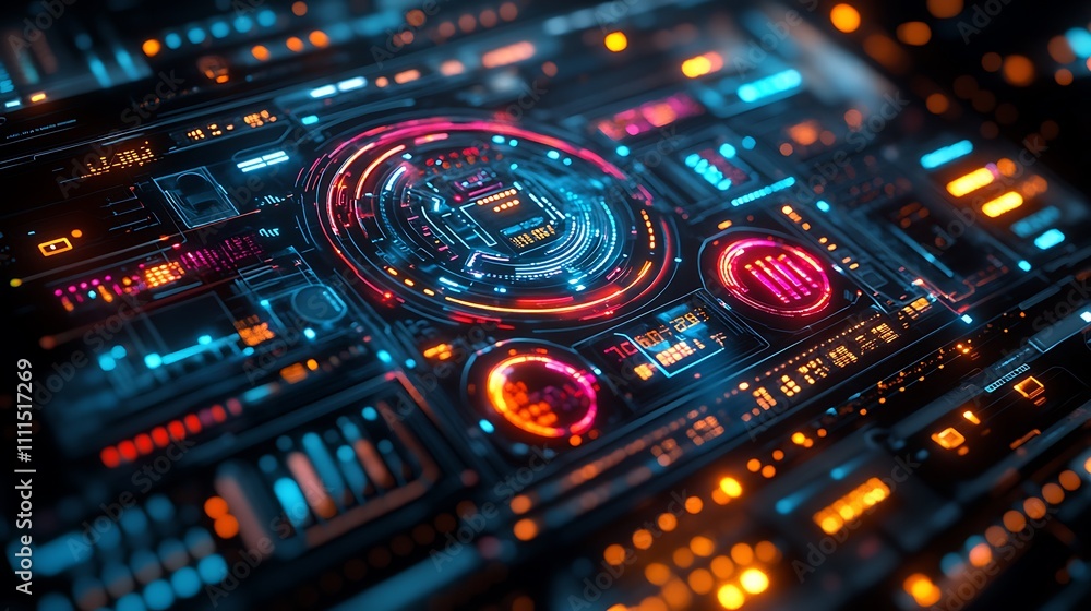 A sleek cyberpunk-themed HUD featuring glowing neon holographic panels, detailed grid textures, dynamic motion animations, and vibrant color accents, set against a dark futuristic background, A sleek cyberpunk-themed HUD featuring glowing neon holographic panels, detailed grid textures, dynamic motion animations, and vibrant color accents, set against a dark futuristic background,