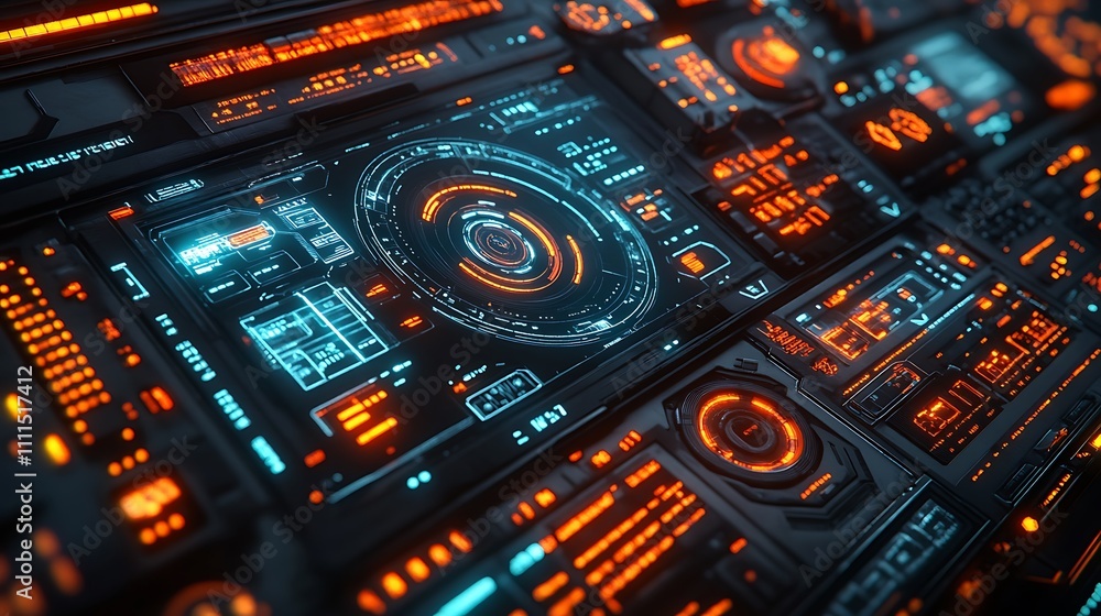A sleek futuristic control panel featuring glowing holographic icons, intricate animations, pulsating neon lights, dynamic overlays, rotating energy rings, and soft ambient lighting, A sleek futuristic control panel featuring glowing holographic icons, intricate animations, pulsating neon lights, dynamic overlays, rotating energy rings, and soft ambient lighting,