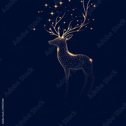 Glowing deer silhouette with starry antlers on dark blue background. photo