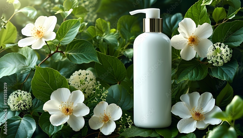 A white pump bottle is nestled amidst a vibrant display of white flowers and lush green leaves. The image evokes a sense of natural beauty and freshness. A white pump bottle is nestled amidst a vibrant display of white flowers and lush green leaves. The image evokes a sense of natural beauty and freshness.
