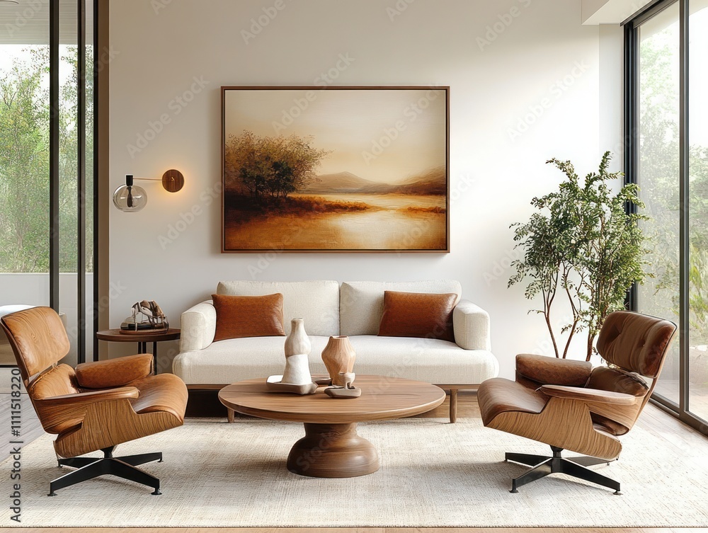 Fototapeta premium Cozy Scandinavian Living Room with Mid-Century Modern Furniture and Natural Light