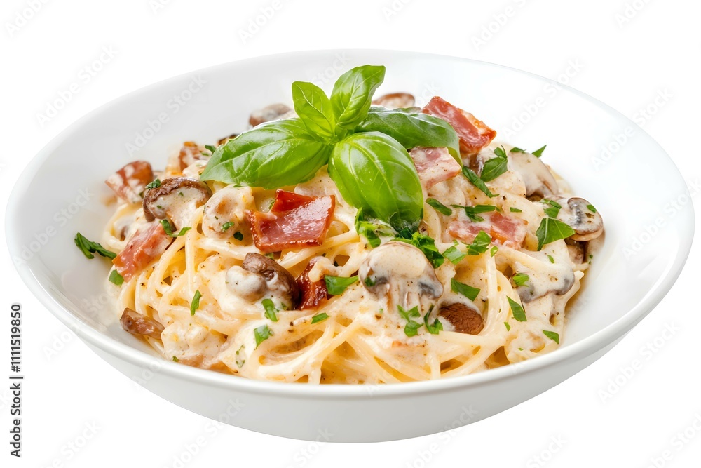 Spaghetti carbonara cream sauce with ham on white background Spaghetti carbonara cream sauce with ham on white background
