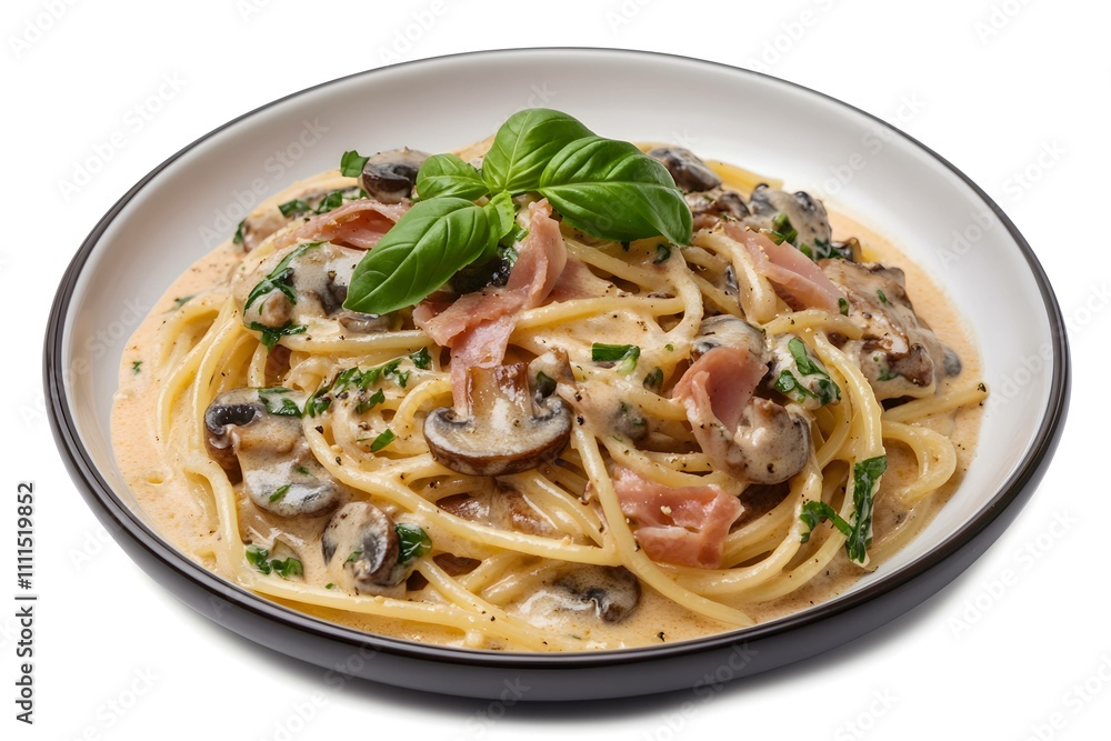 Spaghetti carbonara cream sauce with ham on white background Spaghetti carbonara cream sauce with ham on white background