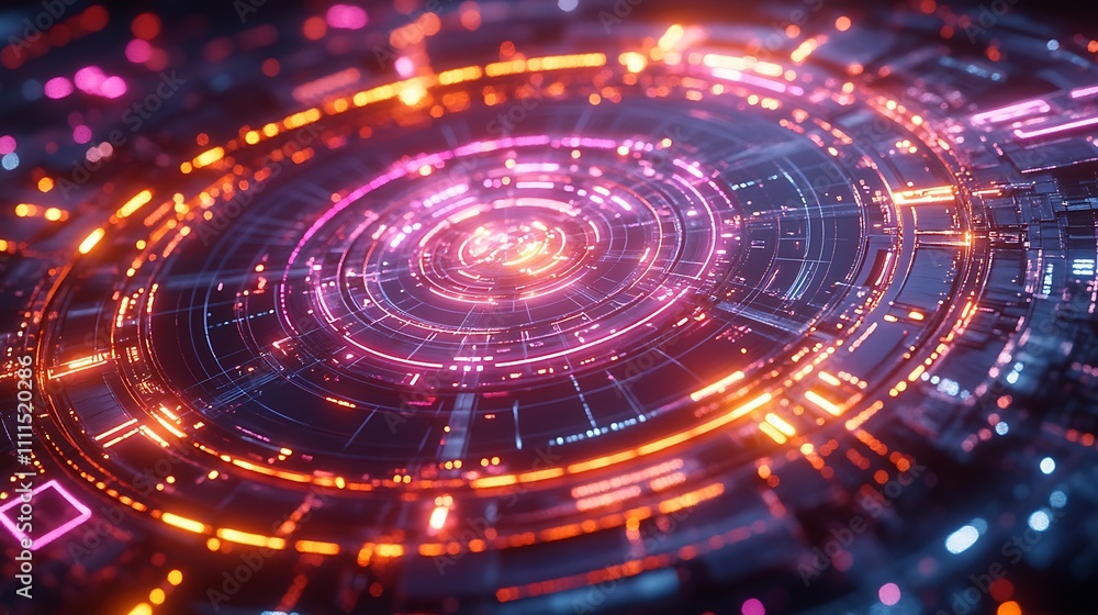A circular radar display featuring glowing connection nodes, rotating concentric holographic rings, intricate grid overlays, and vibrant pulsating neon highlights, set in a sleek sci-fi interface, A circular radar display featuring glowing connection nodes, rotating concentric holographic rings, intricate grid overlays, and vibrant pulsating neon highlights, set in a sleek sci-fi interface,