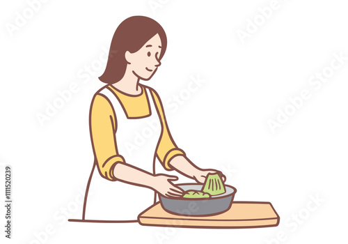 A young woman is washing fresh vegetables to be used for cooking. Hand drawn style vector design illustrations.