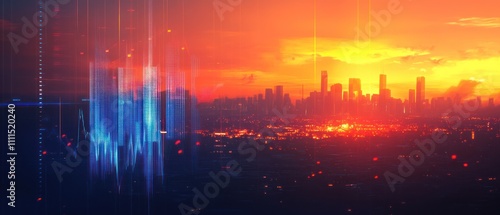 Sunset cityscape with digital wave overlay