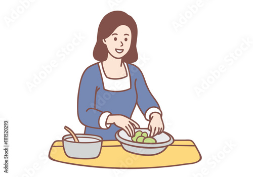 A young woman is washing fresh vegetables to be used for cooking. Hand drawn style vector design illustrations.