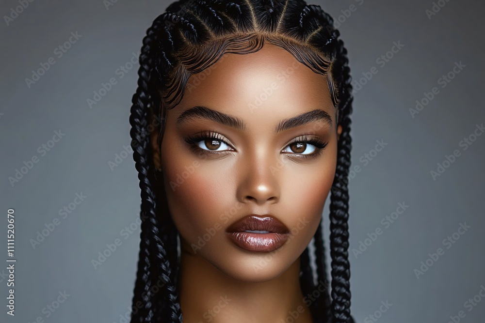 A high-fashion portrait of an African American woman with sleek braided hair and striking makeup. Ideal for beauty campaigns, fashion editorials, or empowerment themes. A high-fashion portrait of an African American woman with sleek braided hair and striking makeup. Ideal for beauty campaigns, fashion editorials, or empowerment themes.