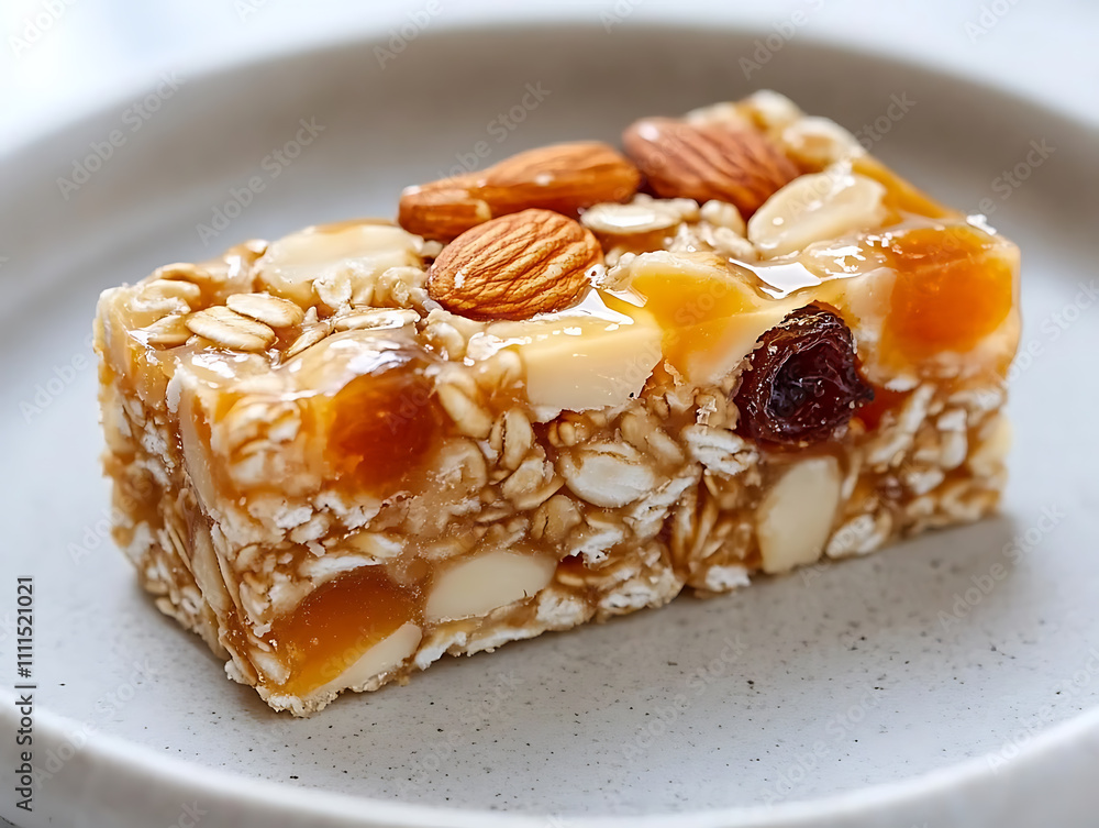 Granola Bar with Almonds and Dried Fruit: A close-up shot of a granola bar with almonds, dried fruit, and a drizzle of honey on a gray plate Granola Bar with Almonds and Dried Fruit: A close-up shot of a granola bar with almonds, dried fruit, and a drizzle of honey on a gray plate