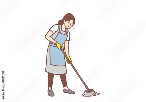 A woman is cleaning the floor with a mop. Hand drawn style vector design illustrations.
