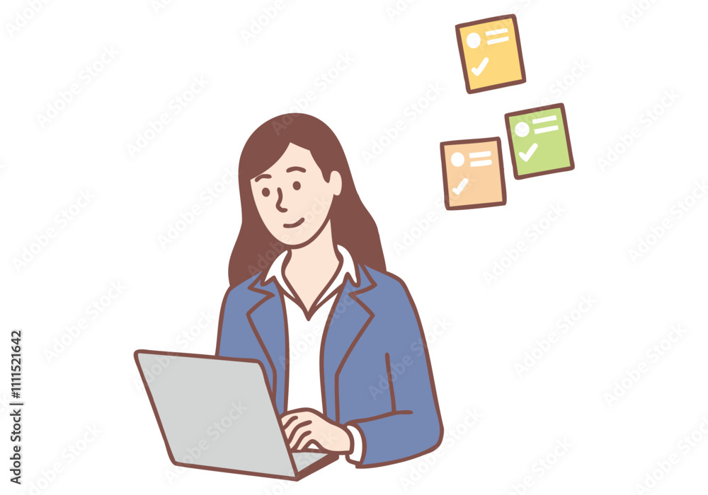 A businesswoman is sitting and working in front of a laptop. Hand drawn style vector design illustrations. A businesswoman is sitting and working in front of a laptop. Hand drawn style vector design illustrations.