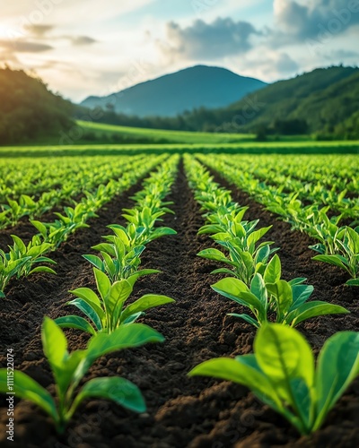 Rows of young green seedlings growing in nutrientrich soil, representing soil conservation and sustainable agriculture practices, lively and ecofriendly scene photo