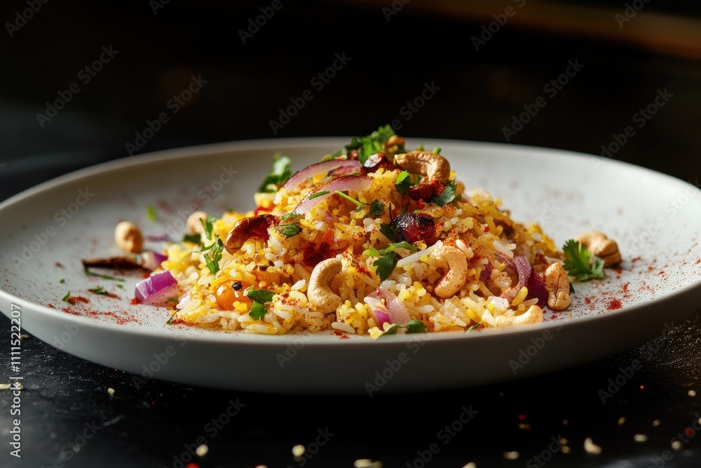Colorful rice dish vibrant biryani aromatic spices cashews green herbs Colorful rice dish vibrant biryani aromatic spices cashews green herbs