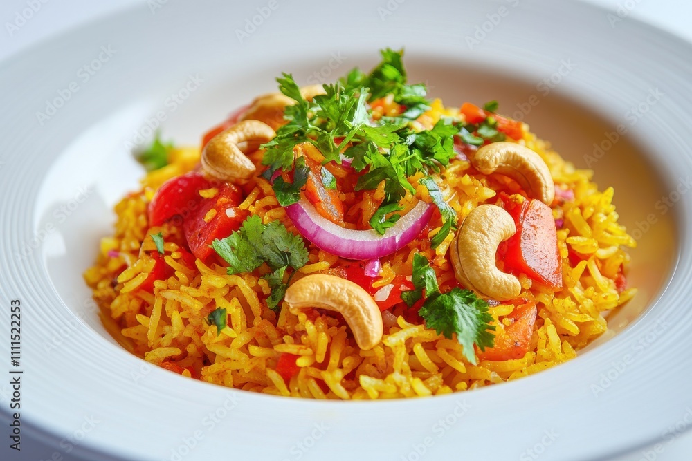 Colorful rice dish vibrant biryani aromatic spices cashews green herbs Colorful rice dish vibrant biryani aromatic spices cashews green herbs