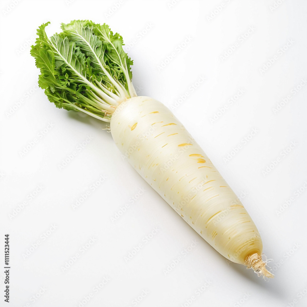 White radish green leafy top rests on white background. White radish green leafy top rests on white background.