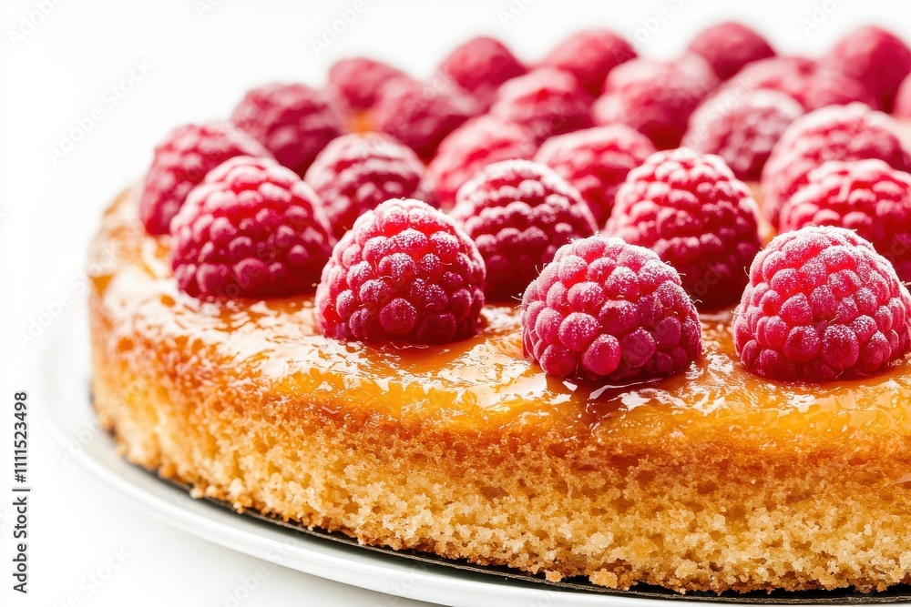 Delicious pineapple upside down cake with caramel glaze and fresh raspberries isolated on a white background Delicious pineapple upside down cake with caramel glaze and fresh raspberries isolated on a white background
