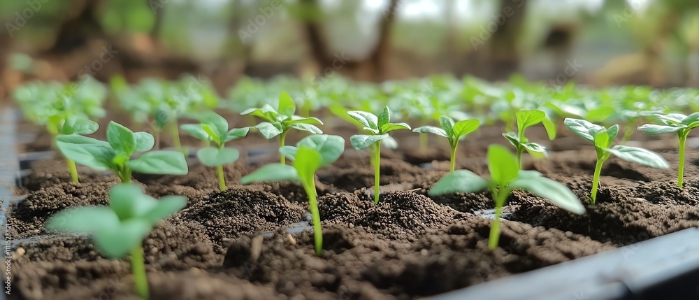 A field of young seedlings growing in fertile organic soil, representing sustainable growth, environmental health, and the future of organic farming A field of young seedlings growing in fertile organic soil, representing sustainable growth, environmental health, and the future of organic farming