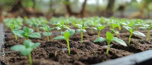 A field of young seedlings growing in fertile organic soil, representing sustainable growth, environmental health, and the future of organic farming