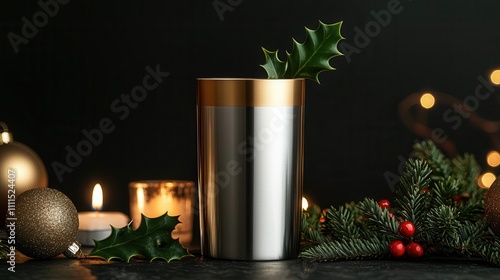 A festive metal tumbler adorned with holly, surrounded by candles and holiday decorations, set against a dark background.