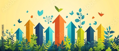 Dynamic infographic showing upward arrows representing the positive impact of ESG practices in sustainable business development, with ecofriendly elements