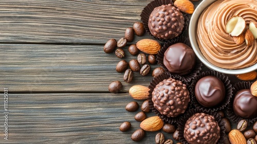 Delicious chocolates, almonds, and coffee beans on a wooden table.