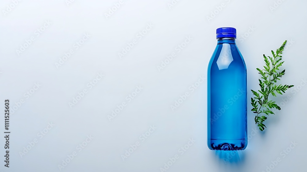 Refreshing Blue Water Bottle with Green Leaves on Light Blue Background Refreshing Blue Water Bottle with Green Leaves on Light Blue Background