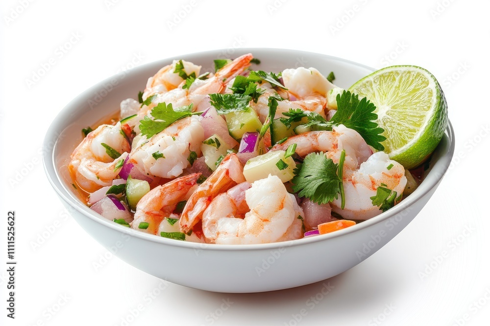 Fresh seafood ceviche with lime cilantro and vegetables in a white bowl isolated on a white background Fresh seafood ceviche with lime cilantro and vegetables in a white bowl isolated on a white background