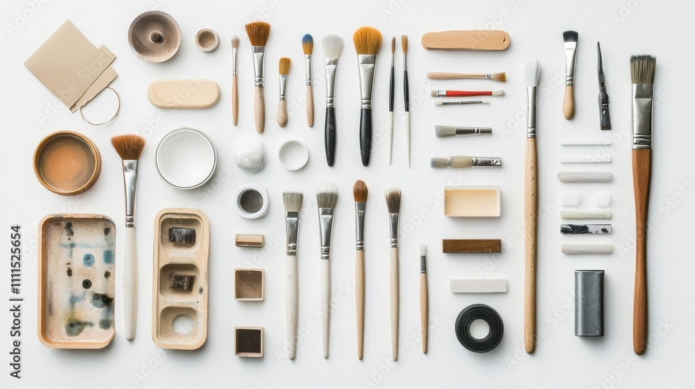 Various DIY tools like brushes, scissors, and paints are organized on a white background, providing a clear workspace for crafting and creativity. Generative AI Various DIY tools like brushes, scissors, and paints are organized on a white background, providing a clear workspace for crafting and creativity. Generative AI