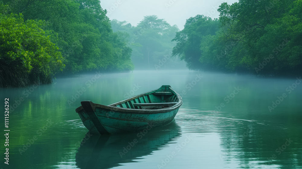 A small boat is floating on a river with trees in the background. The water is calm and the sky is cloudy A small boat is floating on a river with trees in the background. The water is calm and the sky is cloudy