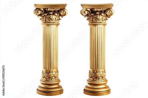 Golden columns Classic antique gold pillars isolated on a white background