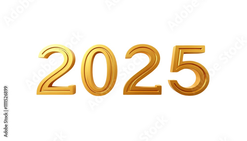 Year 2025 in golden metallic 3d-illustration isolated on transparent background