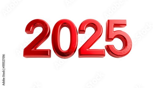 Year 2025 in red metallic 3d-illustration isolated on transparent background