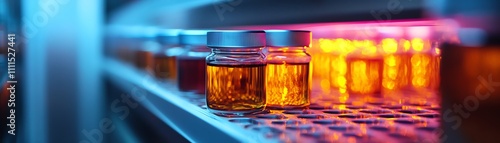 Closeup of vials in a refrigerated storage system, illustrating the importance of temperature consistency in maintaining the integrity of sensitive substances