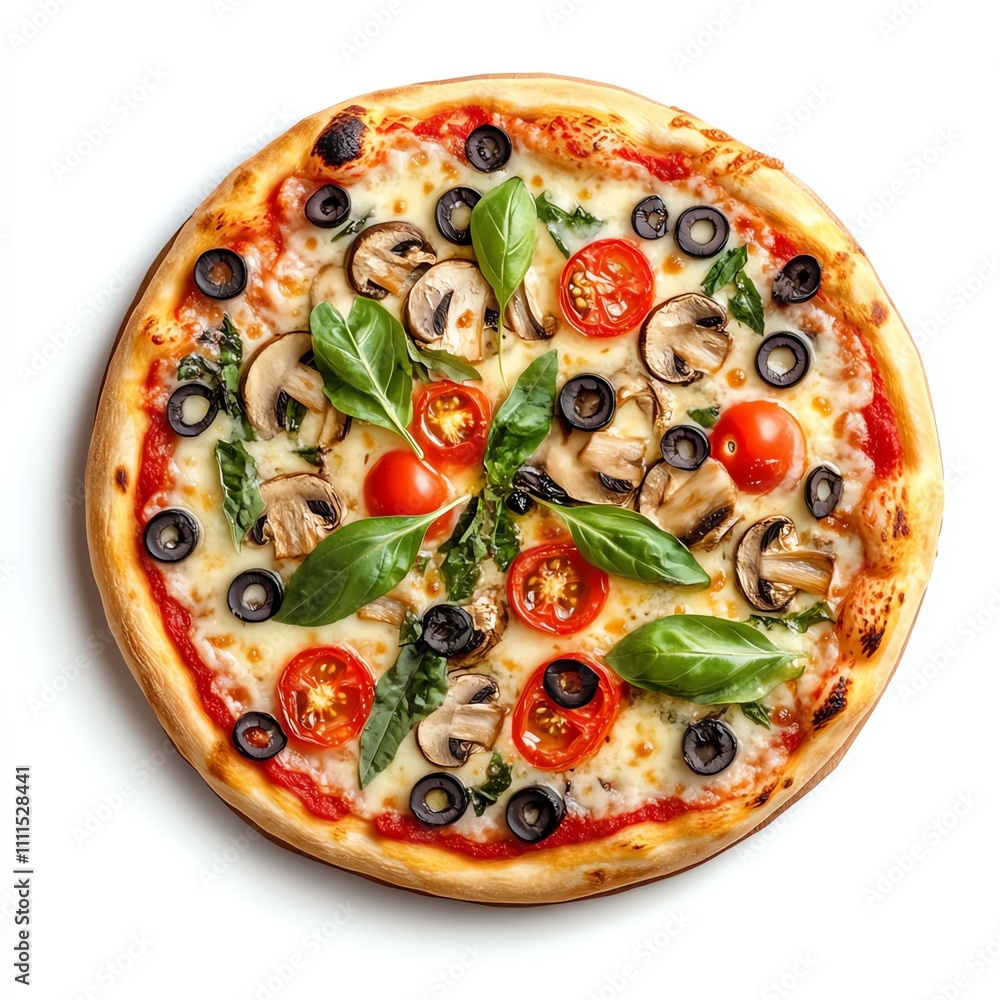 A delicious pizza topped with mushrooms, cherry tomatoes, olives and basil leaves. A delicious pizza topped with mushrooms, cherry tomatoes, olives and basil leaves.