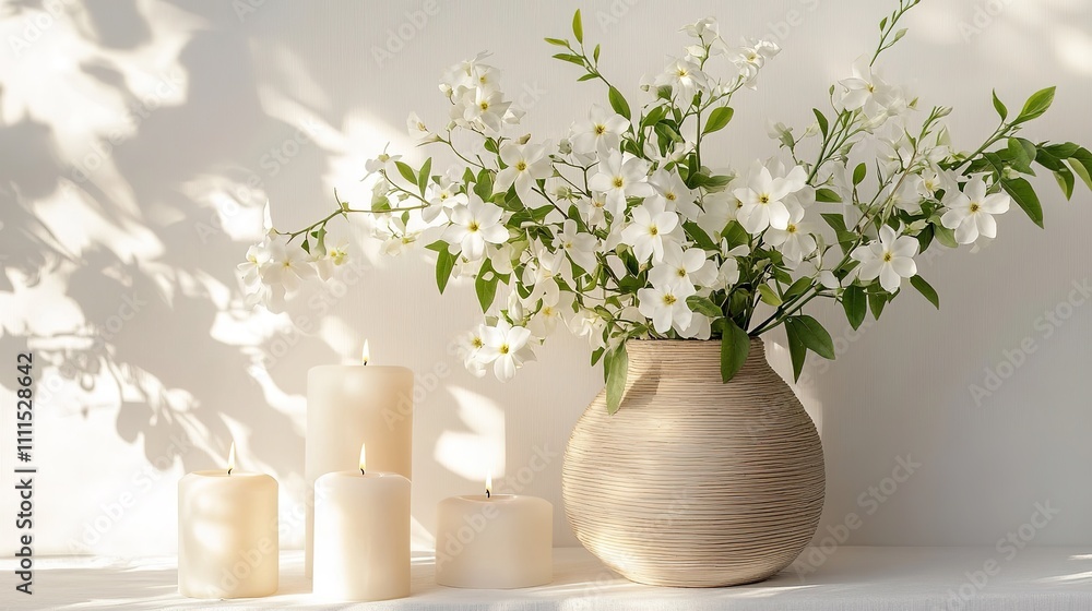 White jasmine flowers in a vase and candles on a white wall background White jasmine flowers in a vase and candles on a white wall background