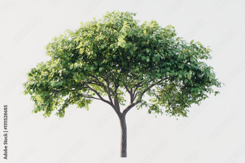 Isolated tree lush green foliage detailed leaves single trunk branching structure natural form Isolated tree lush green foliage detailed leaves single trunk branching structure natural form