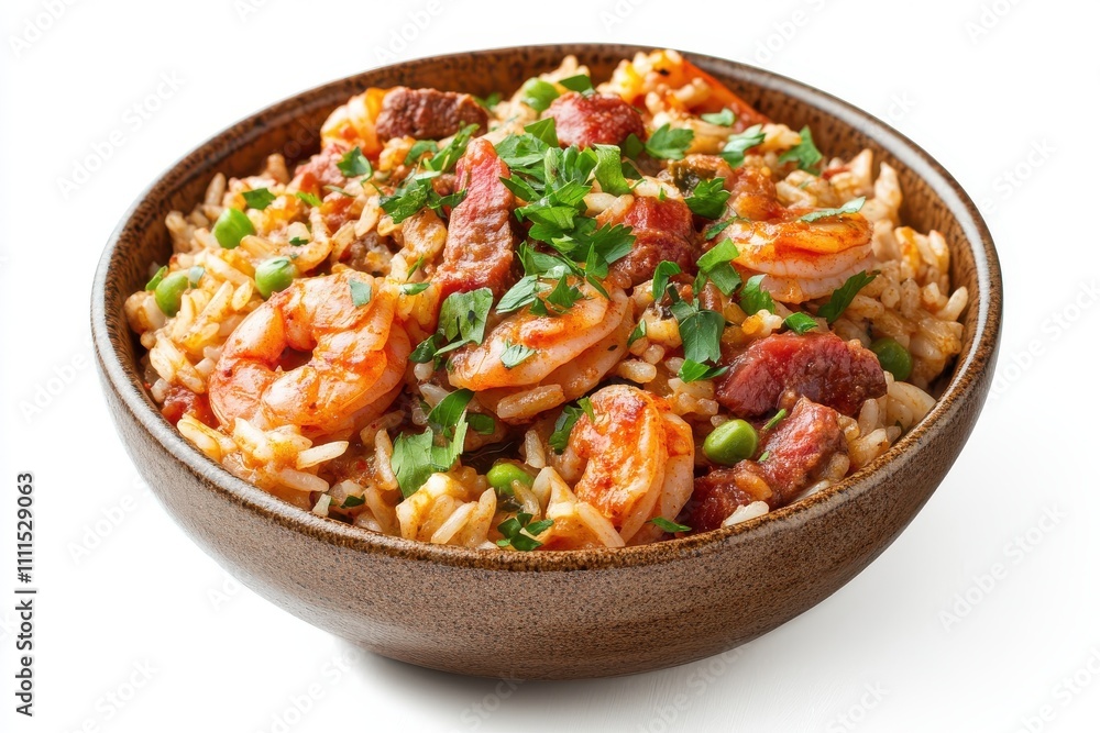 Jambalaya rice food on bowl isolated on a white background Jambalaya rice food on bowl isolated on a white background