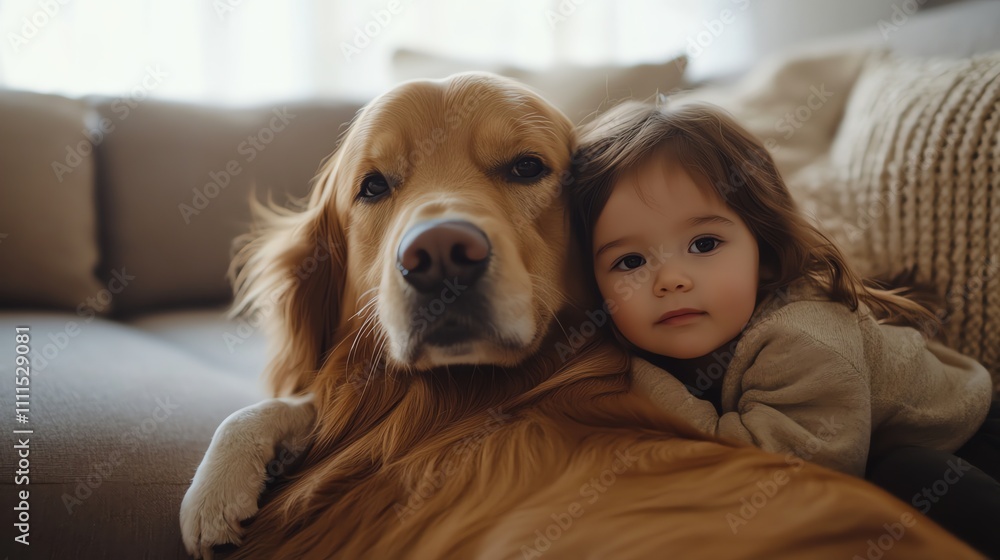 A little girl is hugging a golden retriever dog. A little girl is hugging a golden retriever dog.