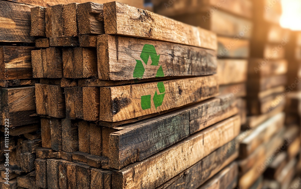 Stack of wooden planks with a prominent green recycle symbol on each, symbolizing an ecofriendly approach to sustainable materials and recycling practices Stack of wooden planks with a prominent green recycle symbol on each, symbolizing an ecofriendly approach to sustainable materials and recycling practices