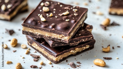 A close-up of stacked chocolate bars with a creamy filling and nuts on a light background.