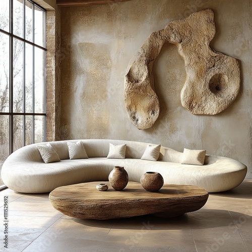 Modern Scandinavian Living Room Interior with Curved Sofa Rustic Coffee Table and Sculptural Wall Art photo